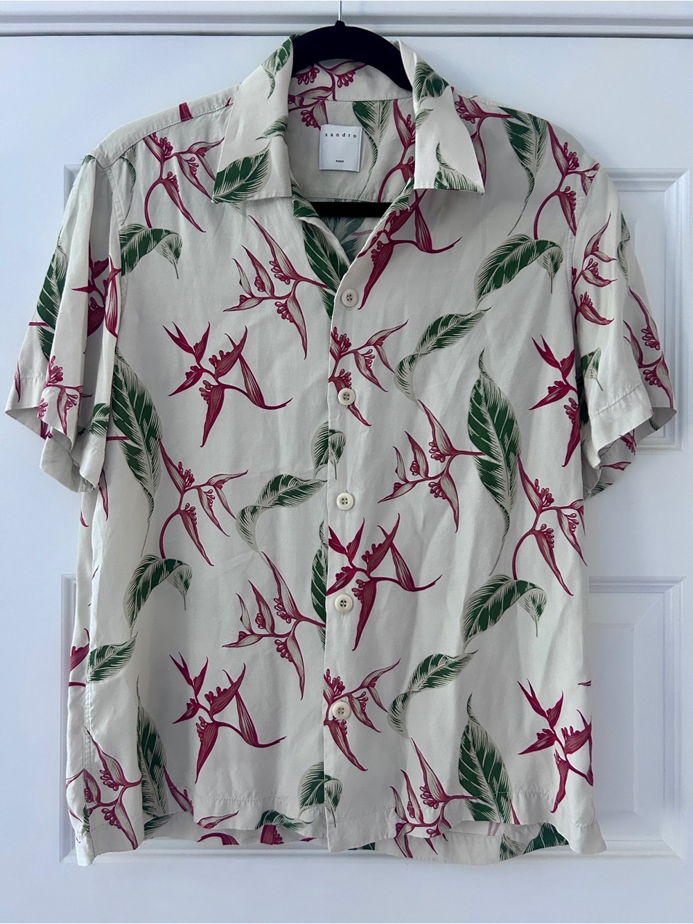 Sandro Button Down Shirt Mens Small Cream Floral Tropical Viscose Short Sleeve